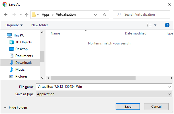 Select the folder to download the VirtualBox
